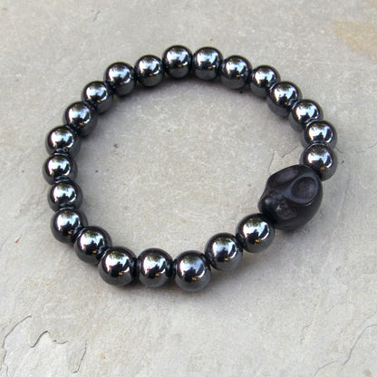 Men’s Black Howlite Skull with Hematite Beads