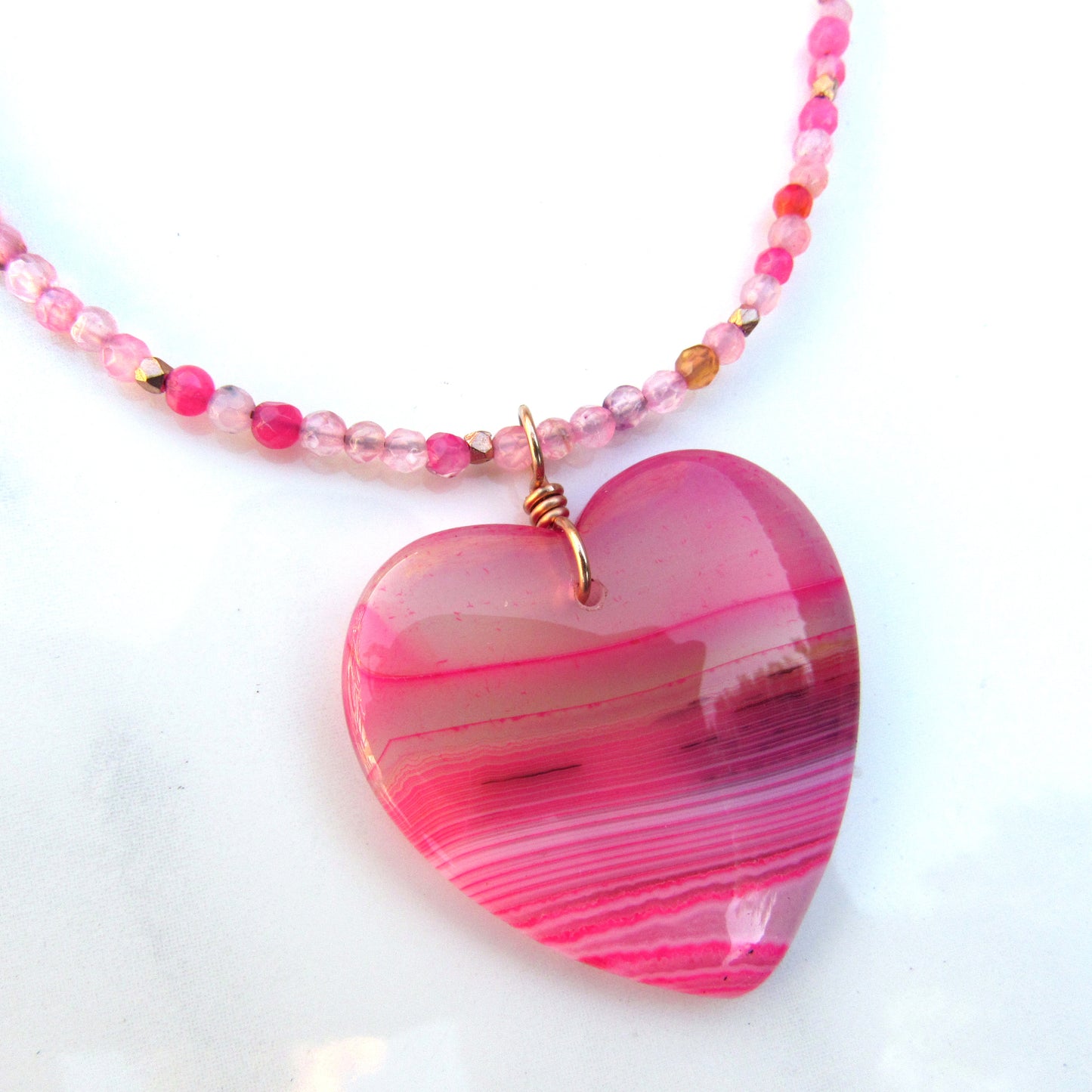 Pink Banded Agate gemstone Heart on pink agate necklace