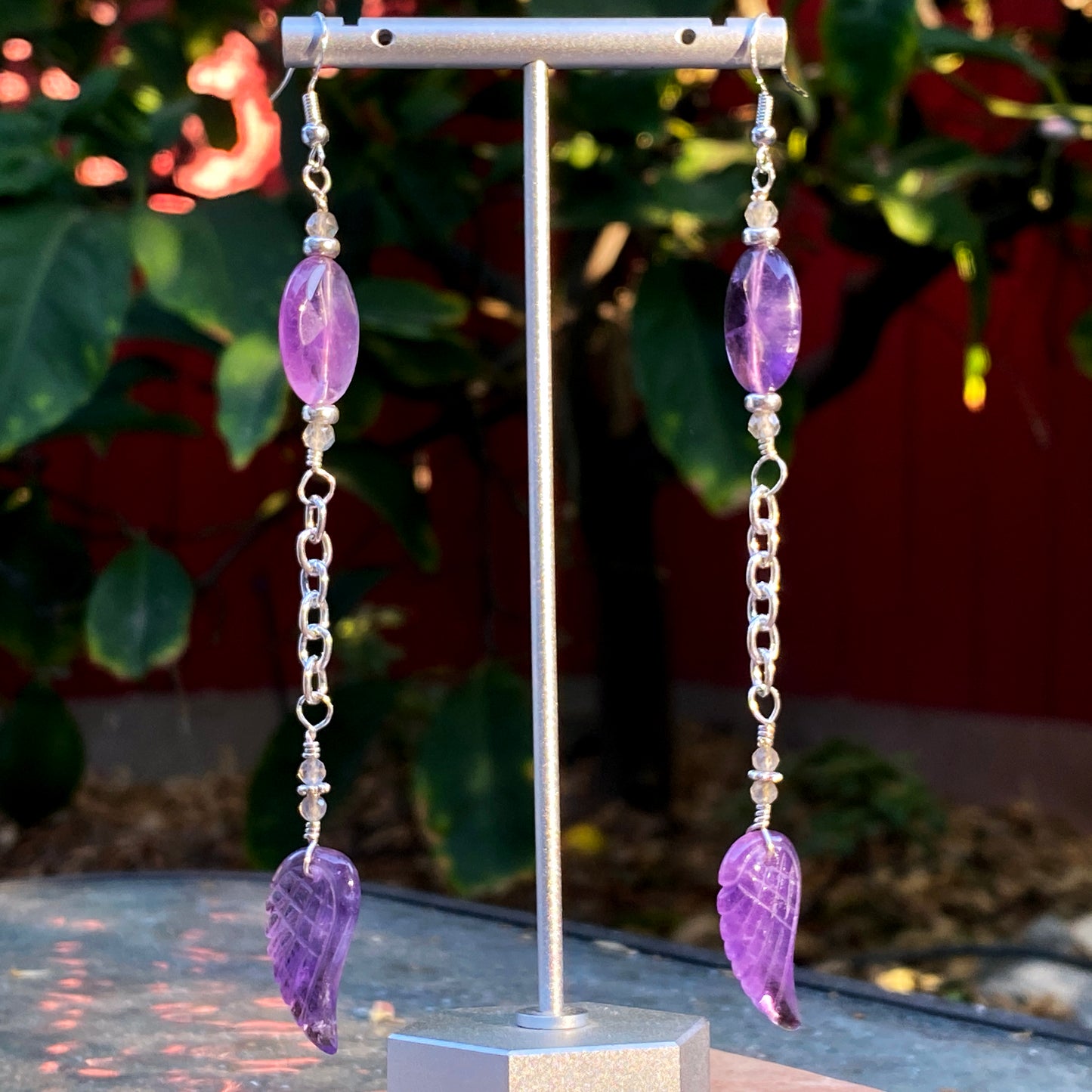 Amethyst, Labradorite gemstone, and Sterling Silver Wing Drop Earrings