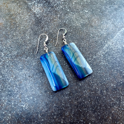 Blue Agate Gemstone Drop Earrings Wrapped with Sterling Silver