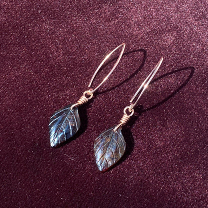 Genuine Garnet Leaf Carved Earrings Hand Wrapped with Silver Vermeil Wire