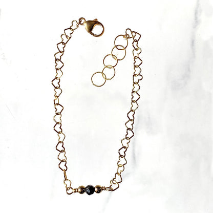 Black diamond and 14 kt gold fill heart chain bracelet