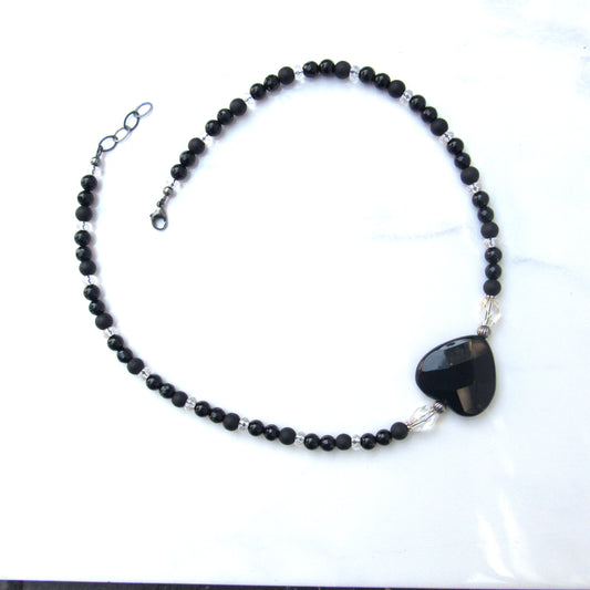 Onyx Heart on onyx, Oxidized Sterling Silver and Quartz gemstone Necklace