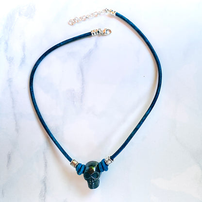 Hematite gemstone Skull and Sterling Silver on Leather Necklace