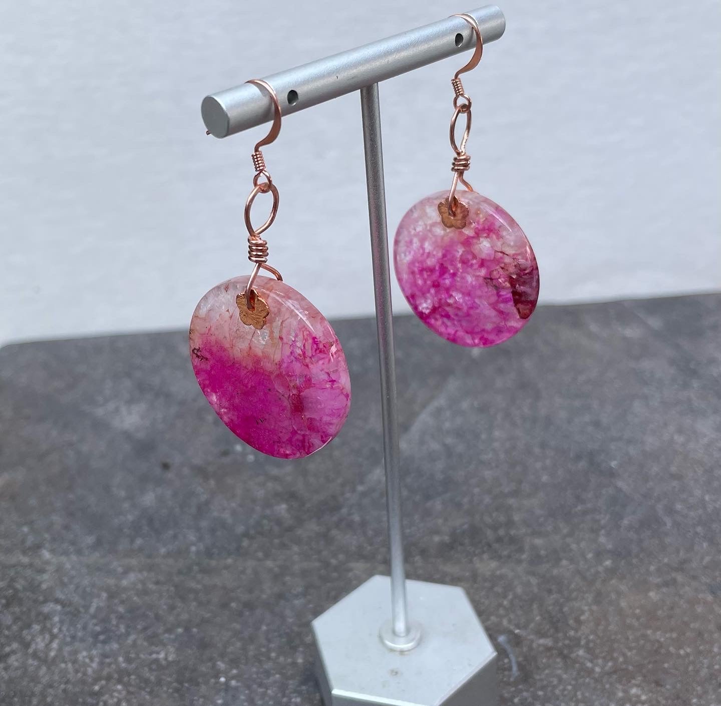 Pink druzy geode agate wrapped copper drop earrings