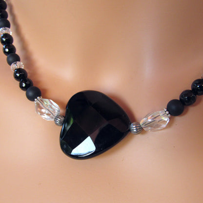 Onyx Heart on onyx, Oxidized Sterling Silver and Quartz gemstone Necklace