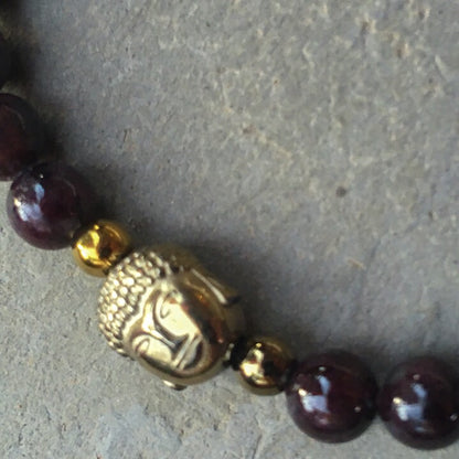Garnet Gemstone GODDESS and Hematite Buddha head Bracelet