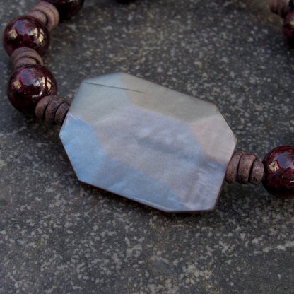 Garnet gemstone and silver moonstone leather bracelet