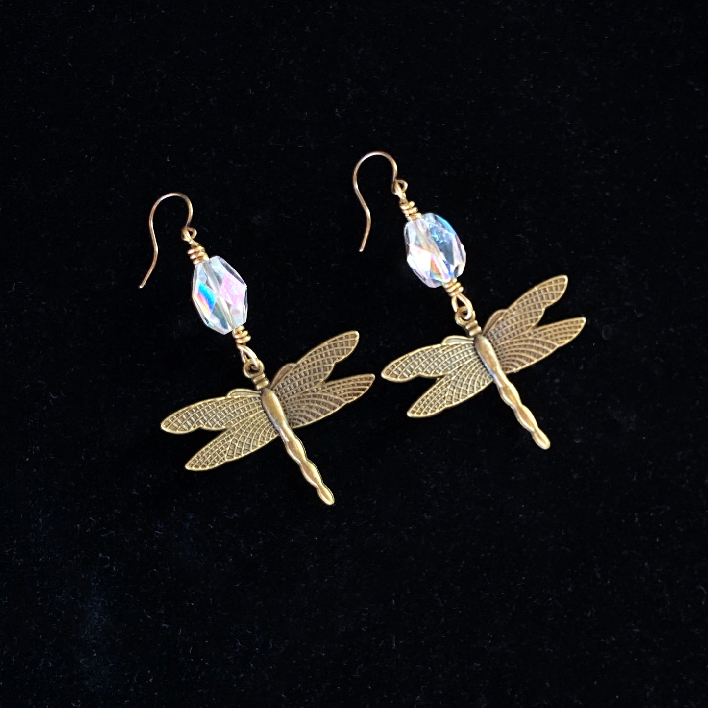 Brass Dragonfly and Quartz gemstone Dangle Earrings