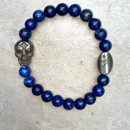 Pyrite Skulls with different Gemstones Men’s Stretch bracelet