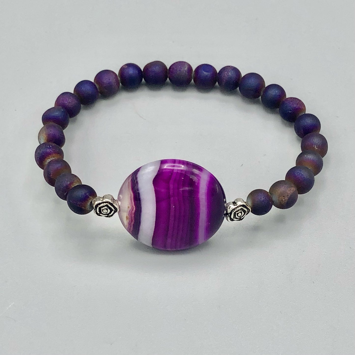 Purple Banded Agate Gemstone, Sterling Silver, Druzy Agate, women’s Stretch Bracelet