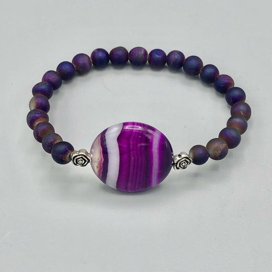 Purple Banded Agate Gemstone, Sterling Silver, Druzy Agate, women’s Stretch Bracelet