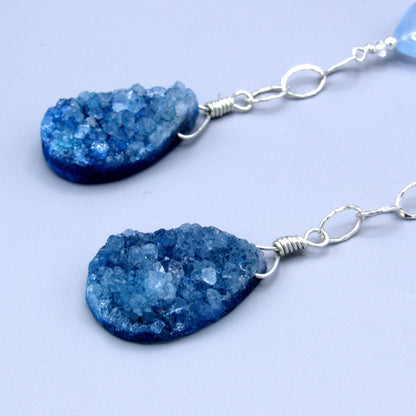 Blue Druzy Gemstone, Blue Jade Hearts, White Topaz, Sterling Silver Drop Earrings