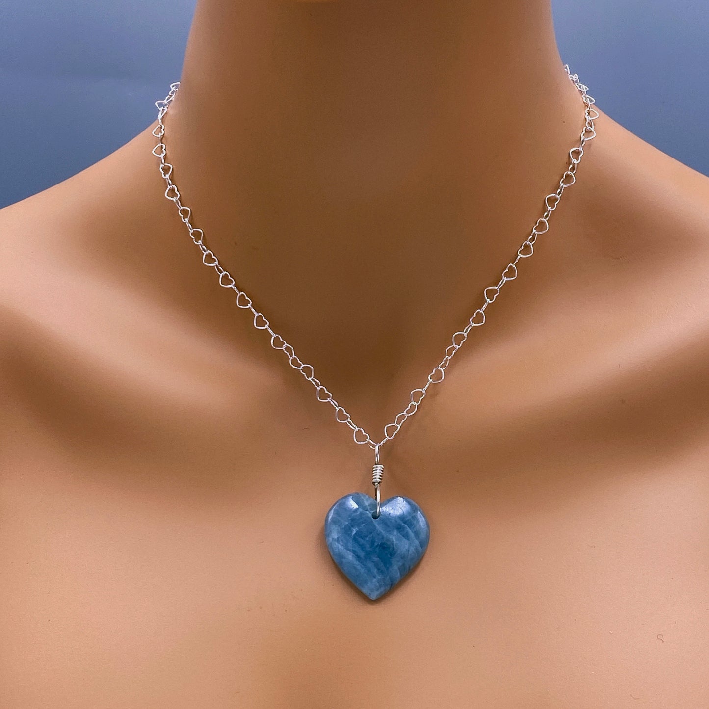 Aquamarine Pendant Heart and Sterling Silver Necklace