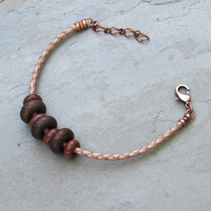 Men’s Copper, Hematite, Goldstone gemstones on genuine Leather clasp bracelet