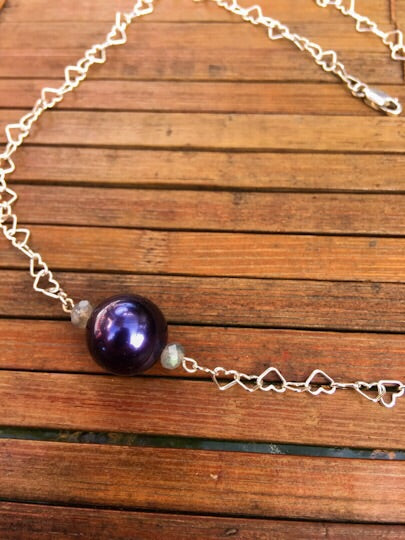 Sterling silver heart chain with a purple south sea pearl and labradorite choker