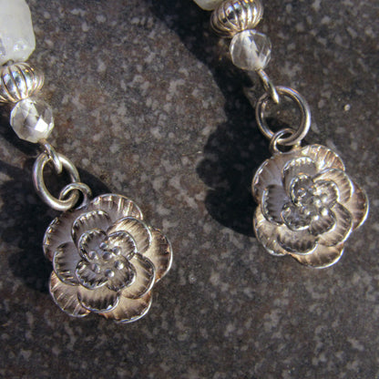 Moonstone and White Topaz gemstone Sterling silver flowers, drop earrings