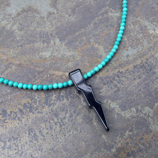 Black Agate Gemstone Lightning Bolt, Genuine Turquoise w/ Oxidized Sterling Silver