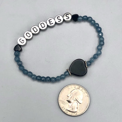 Blue Jade “GODDESS” with Onyx Gemstone Heart and Sterling Silver Stretch Bracelet