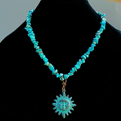 Natural Turquoise gemstone  and copper Sun pendant beaded necklace