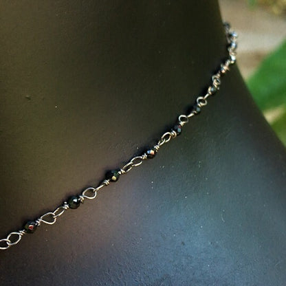 Crescent Shell on oxidized Sterling Silver Spinel wrapped chain