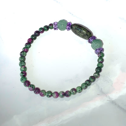 Ruby Zoisite, Green Aventurine, and Amethyst gemstone Stretch Bracelet