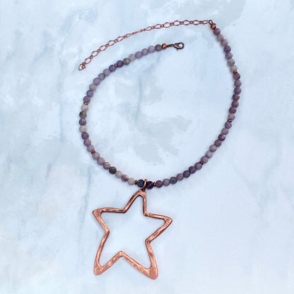 Pink Tourmaline gemstone with Copper Star pendant Necklace