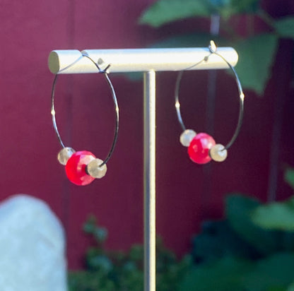 Pink chalcedony, labradorite, oxidized sterling sliver hoop earrings