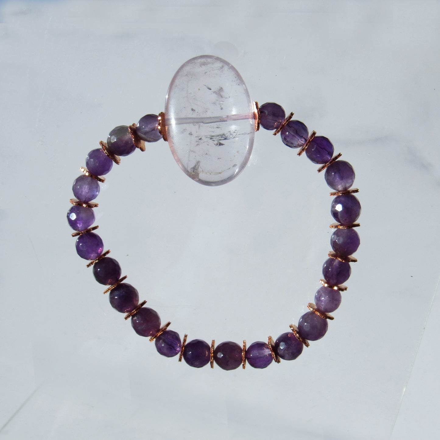 Amethyst gemstone and copper crystal beaded stretch bracelet