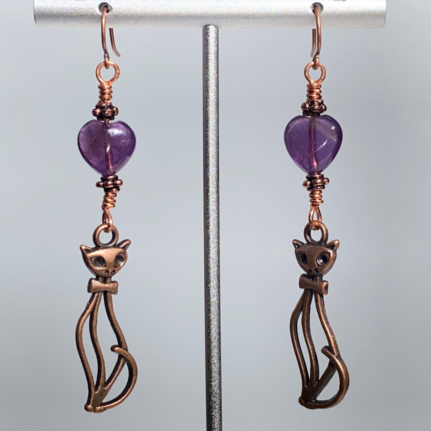 Amethyst gemstone Heart and Copper Kitty Drop Earrings