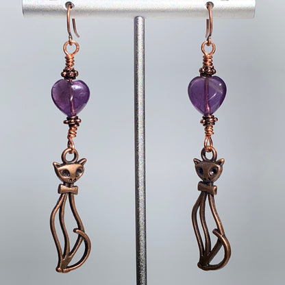 Amethyst gemstone Heart and Copper Kitty Drop Earrings