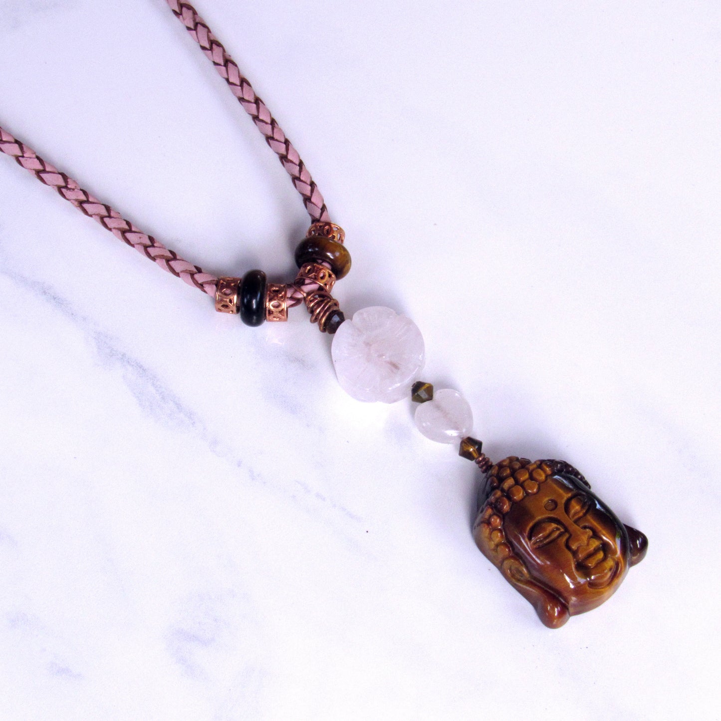 Tiger Eye Buddha Copper, Rose Quartz Flower, on Tan Braided Leather with Copper Clasp