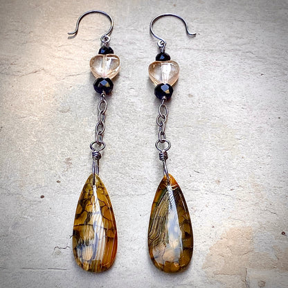 Citrine Hearts, Yellow Dragon’s Vein Agate, Black Spinel, and Oxidized Sterling Drop Earrings