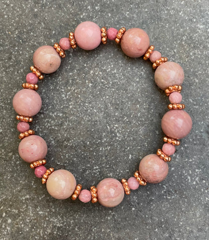 Pink Rhodonite gemstone and Copper Beaded Stretch Bracelet