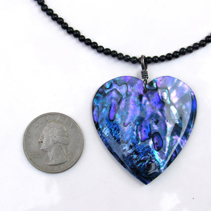 Abalone Shell Heart Pendant on Onyx beaded Necklace