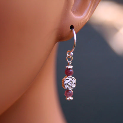 Genuine Ruby gemstones and Sterling Silver flower Earrings