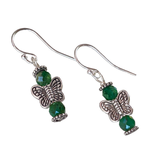 Emeralds and Sterling Silver Butterfly dangle and drop Earrings