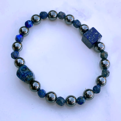 Lapis Lazuli and Hematite gemstone Beaded Skull Bracelet