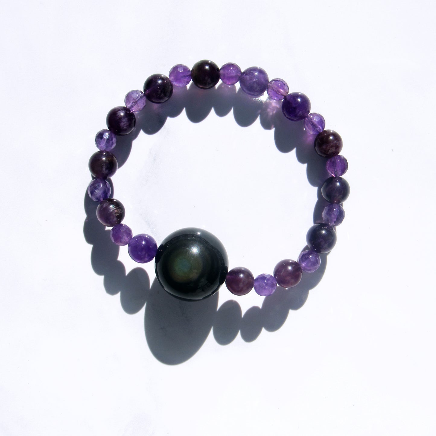 Rainbow Obsidian gemstone & purple Amethyst Smooth & Faceted Stretch Bracelet