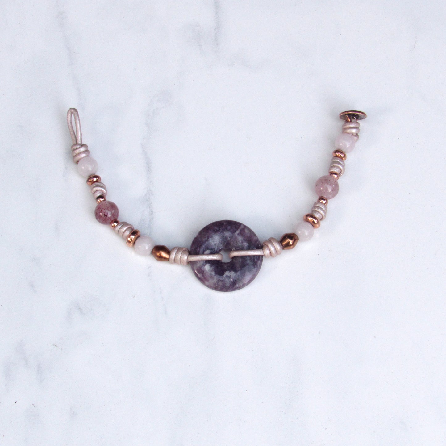 Lepidolite, Strawberry Quartz, Clear Quartz, White Agates with Copper Lotus Button