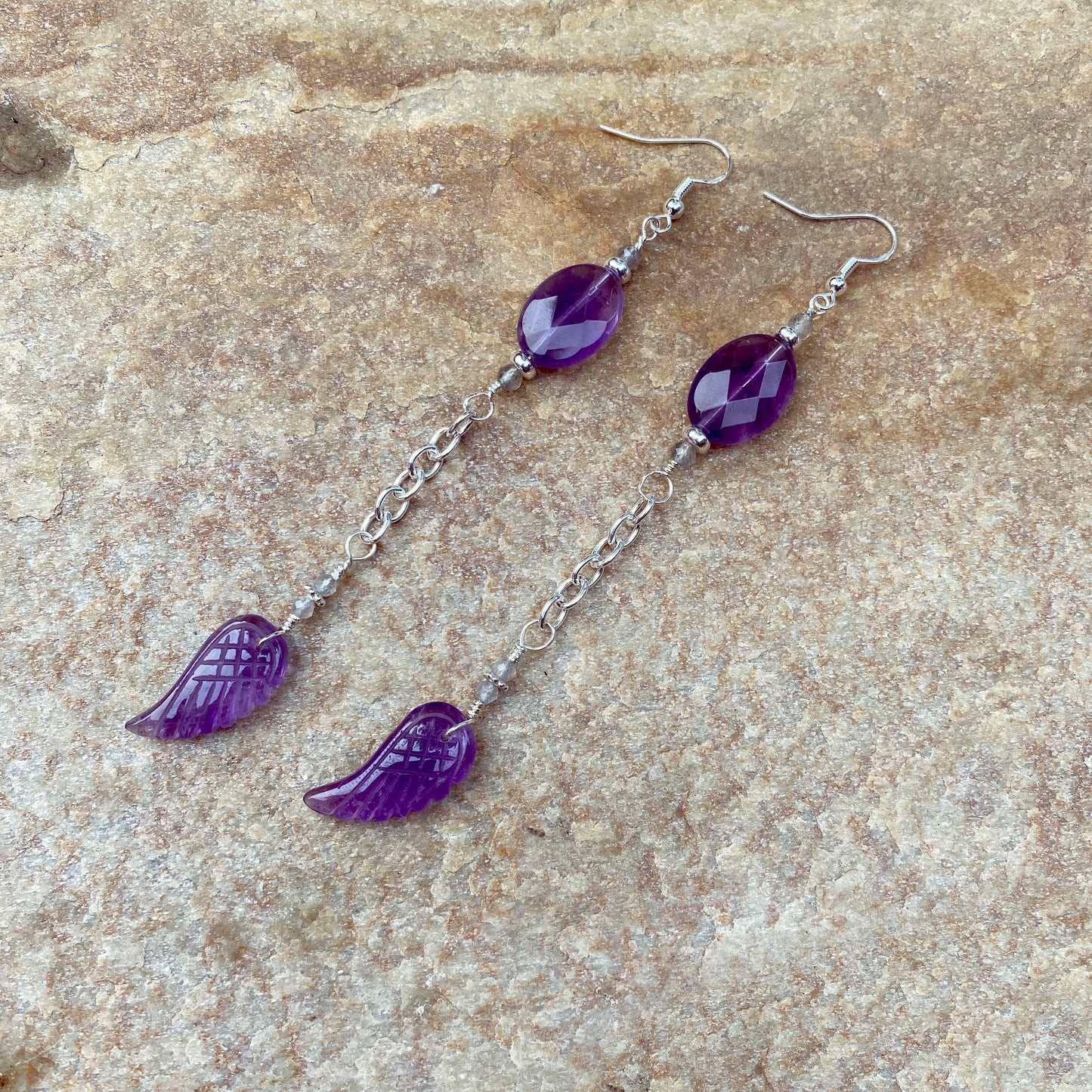 Amethyst, Labradorite gemstone, and Sterling Silver Wing Drop Earrings