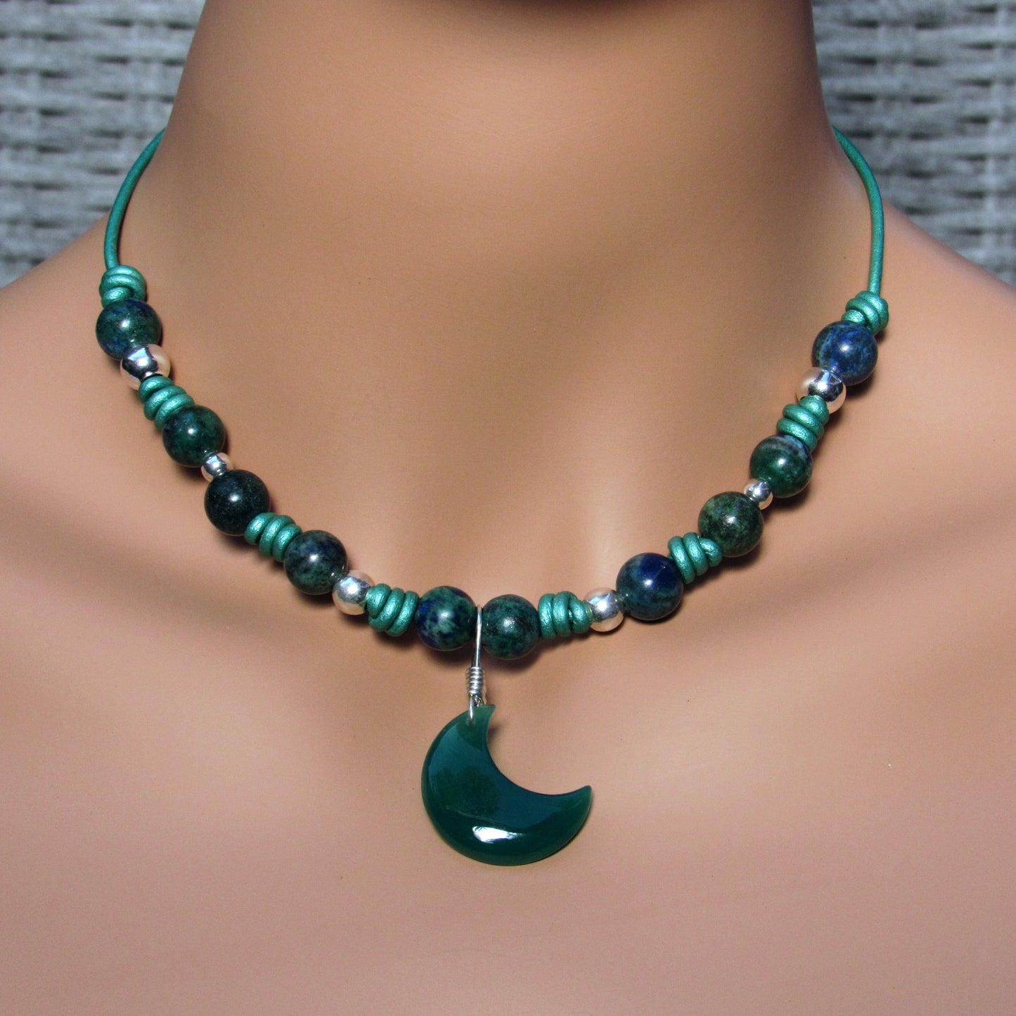 Green Onyx gemstone Moon, Lapis Lazuli Chrysocolla Intrusion, Sterling Silver, on Leather Necklace