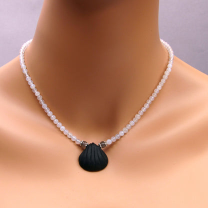 Onyx gemstone Shell pendant with White Agates and Silver Moonstone Necklace