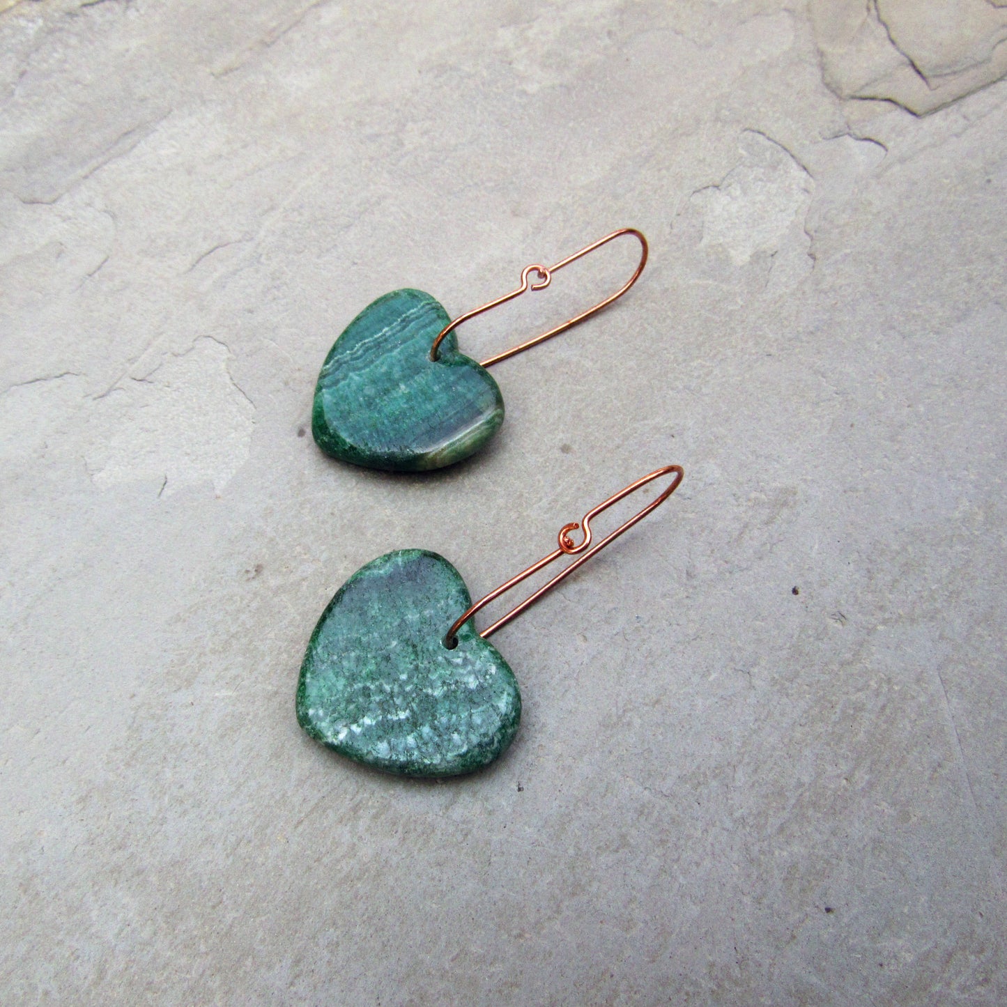 Copper wire with Green Rhodonite Gemstone Hearts earrings