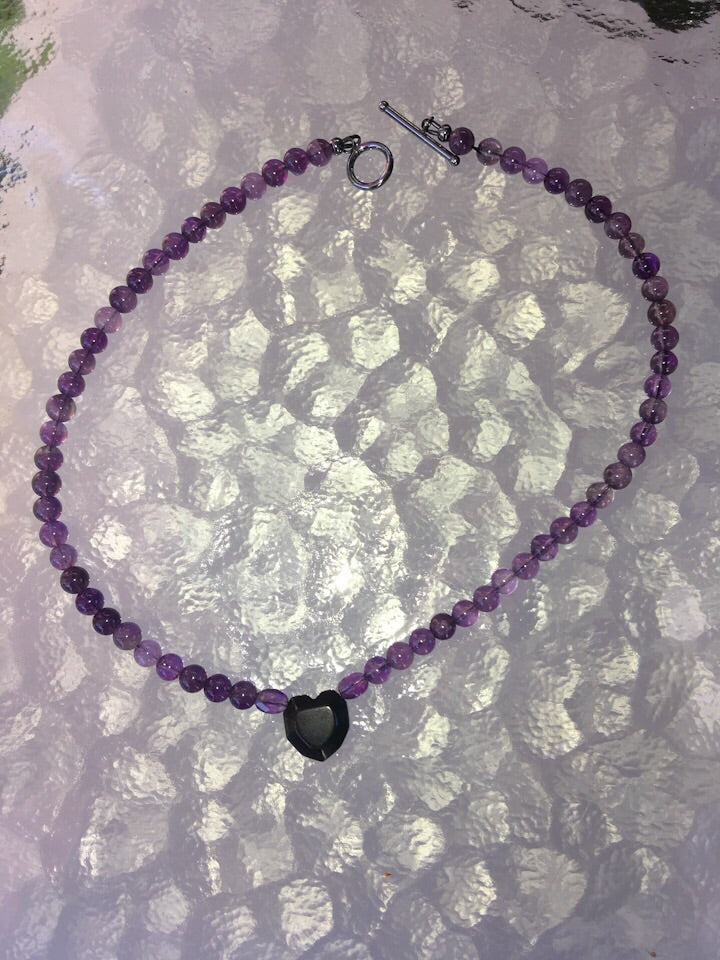 Women's Amethyst and Onyx Heart Gemstone Necklace