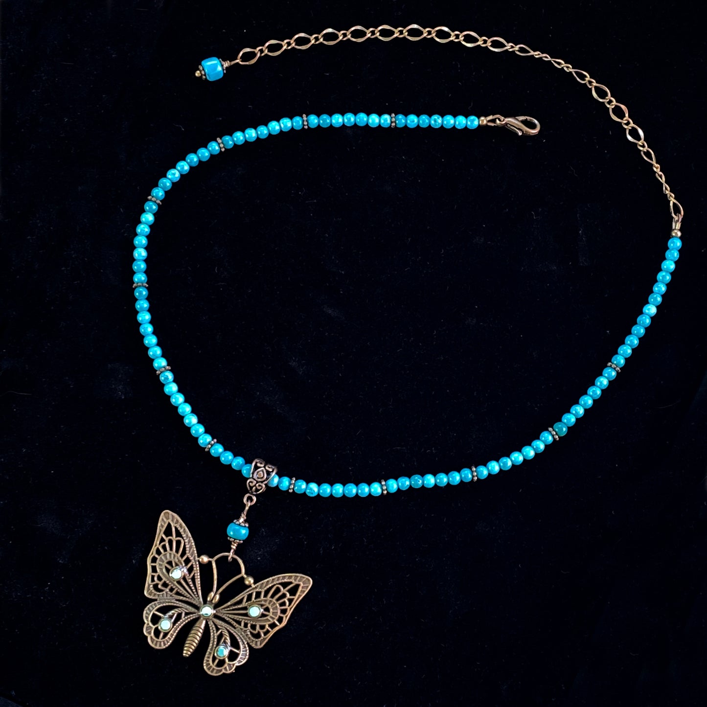 Natural Turquoise gemstone  and Brass Butterfly pendant beaded necklace