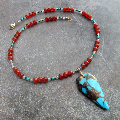 Bornite Gemstone pendant on carnelian, apatite, and hematite Beaded Necklace