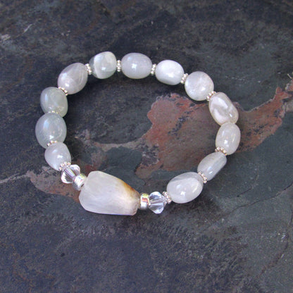 Moonstones, Clear Quartz and Sterling Silver Stretch Bracelet