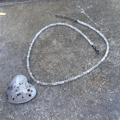 Scenic Dendritic Agate Heart Pendant on Moonstones and Oxidized Sterling Silver