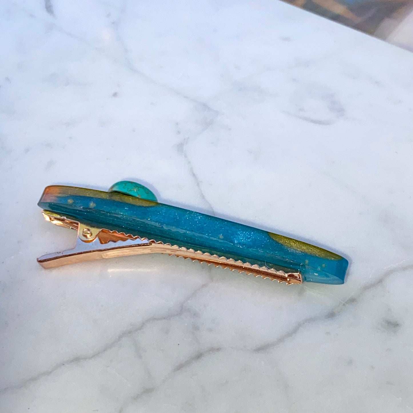 Turquoise gemstone and poured resin Hair Clip